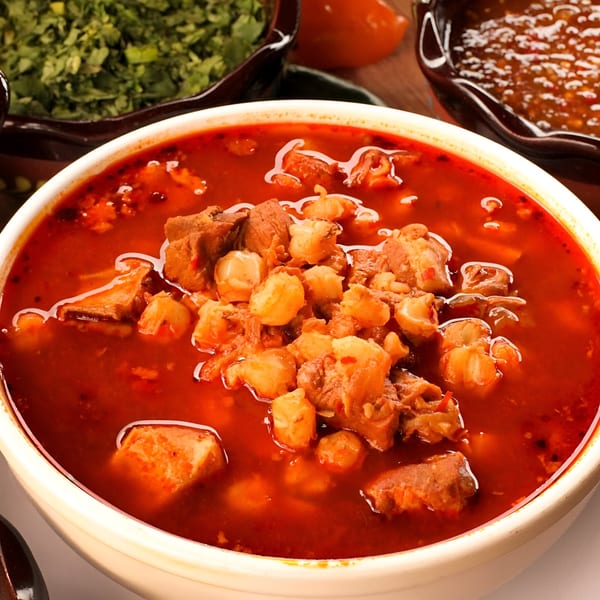 Close-up of a bowl of red pozole with hominy and pork, with cilantro and salsa in the background.
