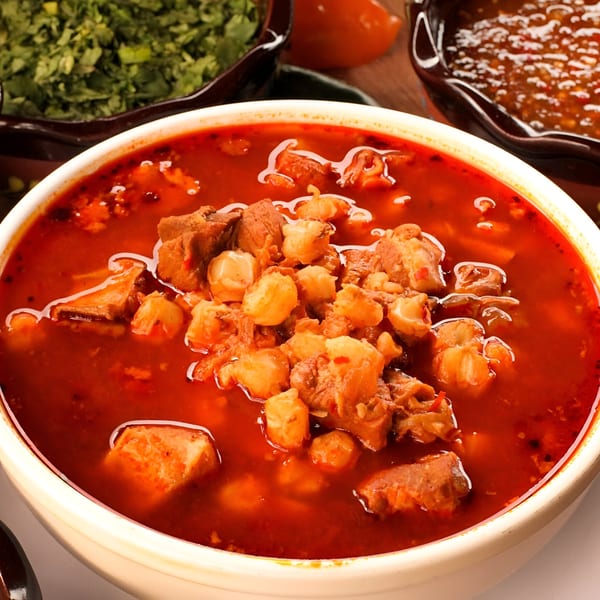 Close-up of a bowl of red pozole with hominy and pork, with sides of cilantro and salsa.